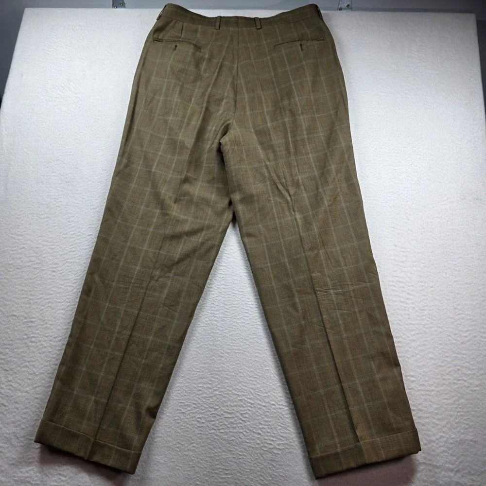 Linea Naturale Luxe Dress Pants Men 34 Tan Windowpane Wool Super 120 Italy